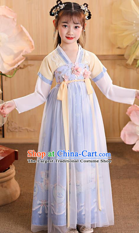 China Children Dance Blue Hanfu Dress Ancient Girls Fairy Fashion Costumes Traditional Tang Dynasty Kid Clothing