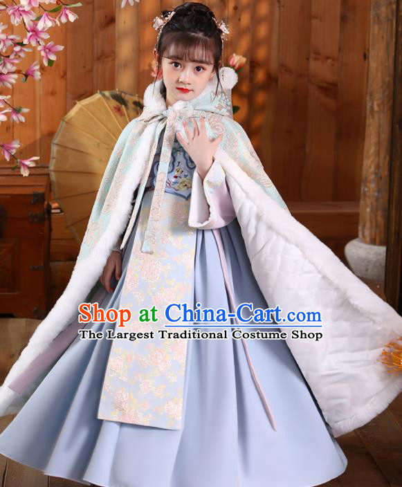 China Traditional Winter Light Green Hanfu Cape Ming Dynasty Children Princess Clothing Girl Stage Show Cloak Costume