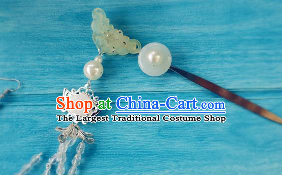 Chinese Qin Dynasty Queen Argent Hair Crown Ancient Empress Jade Hairpins Traditional Hanfu Hair Accessories Complete Set