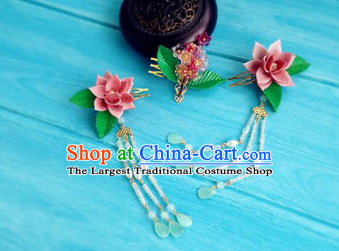 Chinese Song Dynasty Imperial Consort Tassel Hairpins Traditional Hanfu Hair Accessories Ancient Court Woman Pink Lotus Hair Combs