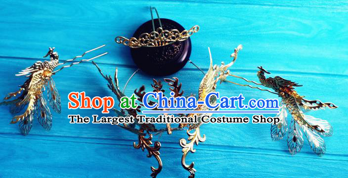 China Drama The flowers fly all over the sky Headpieces Traditional Tang Dynasty Princess Wedding Hairpins Ancient Bride Golden Phoenix Hair Crown