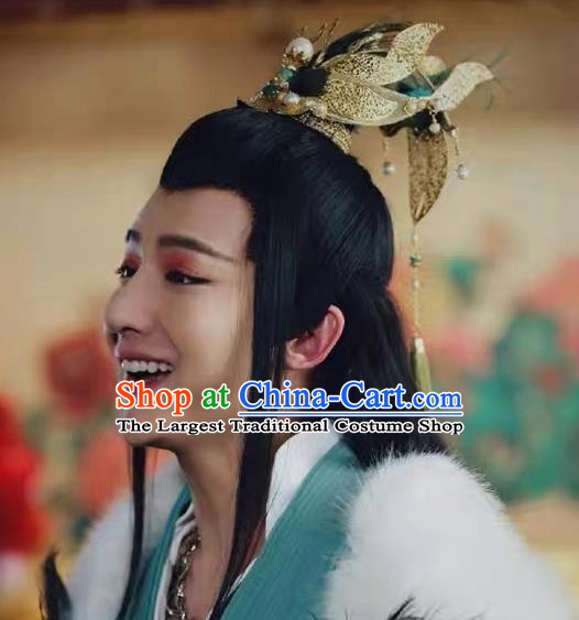 Chinese Drama Born in Limbo Prince Hair Accessories Traditional Warring States Period Childe Headpiece Ancient Swordsman Golden Hairdo Crown