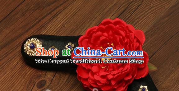 China Drama Princess of Pearl Hairpieces Traditional Qing Dynasty Headdress Ancient Imperial Consort Wigs and Red Peony Hairpins