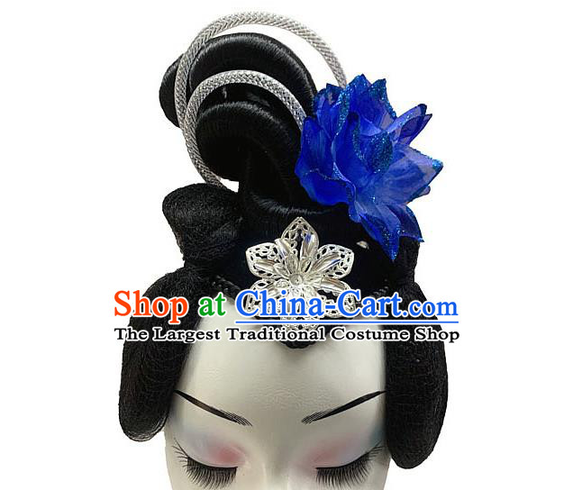 Chinese Classical Dance Royalblue Flower Hair Accessories Stage Performance Wigs Chignon Headdress Traditional Woman Group Dance Hairpieces