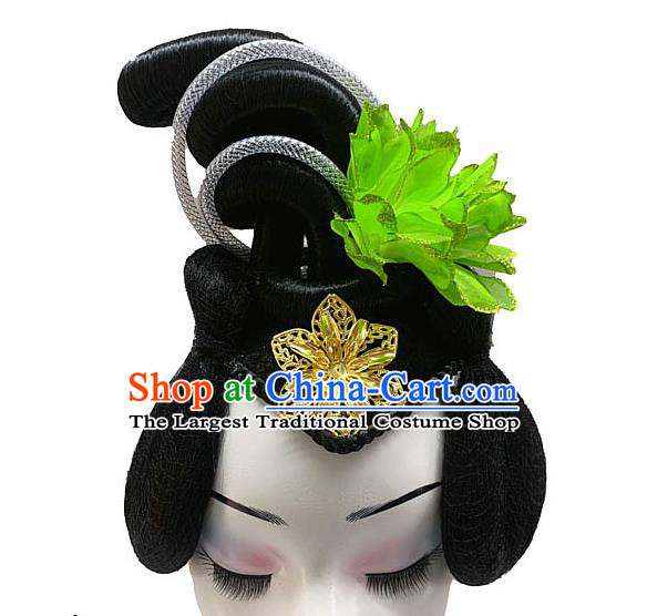 Chinese Woman Group Dance Hairpieces Classical Dance Green Flower Hair Accessories Stage Performance Wigs Chignon Headdress