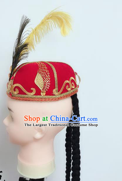 China Uighur Nationality Dance Headdress Xinjiang Minority Performance Feather Headpiece Uyghur Ethnic Folk Dance Red Hat