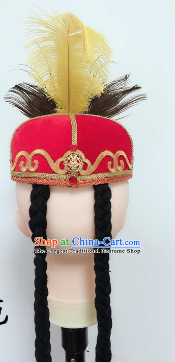 China Uighur Nationality Dance Headdress Xinjiang Minority Performance Feather Headpiece Uyghur Ethnic Folk Dance Red Hat