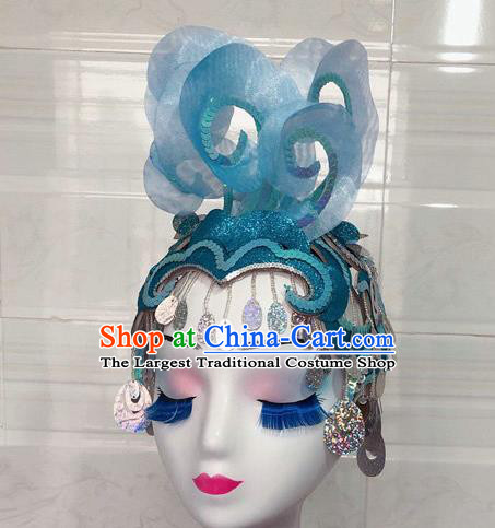 China Minority Peacock Dance Headpiece Yunnan Ethnic Woman Performance Blue Hair Crown Dai Nationality Dance Headwear