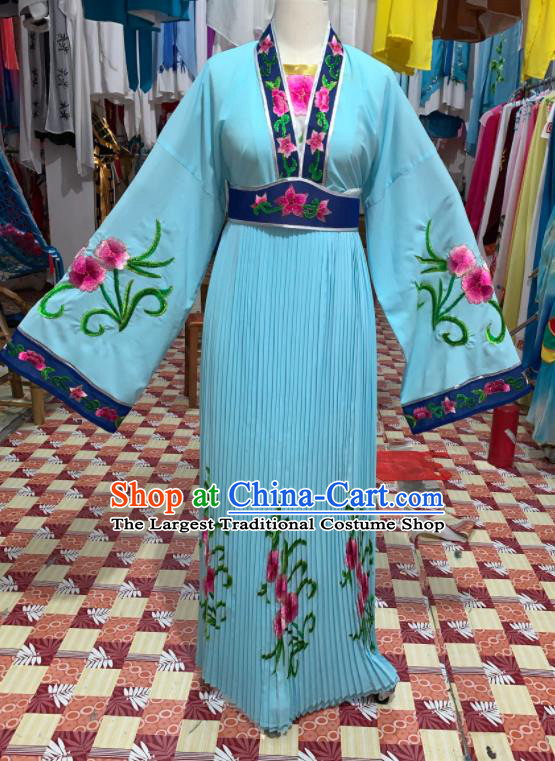 China Shaoxing Opera Young Lady Blue Dress Outfits Traditional Peking Opera Court Maid Clothing Ancient Flower Goddess Garment Costumes