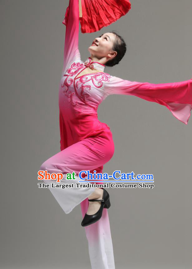 Chinese Jiaozhou Yangko Dance Clothing Women Group Performance Garments Folk Dance Rosy Outfits Fan Dance Costumes