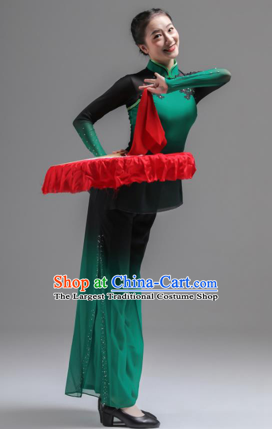 Chinese Folk Dance Green Outfits Fan Dance Costumes Jiaozhou Yangko Dance Clothing Women Group Performance Garments