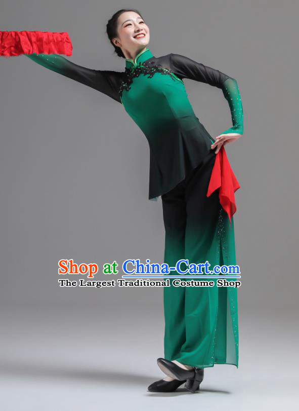 Chinese Folk Dance Green Outfits Fan Dance Costumes Jiaozhou Yangko Dance Clothing Women Group Performance Garments