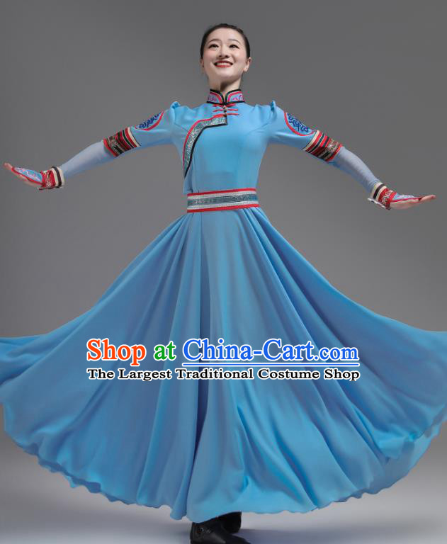 Chinese Mongol Nationality Dance Clothing Ethnic Performance Costume Woman Dance Garments Mongolian Minority Blue Dress Outfits