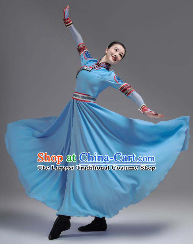 Chinese Mongol Nationality Dance Clothing Ethnic Performance Costume Woman Dance Garments Mongolian Minority Blue Dress Outfits