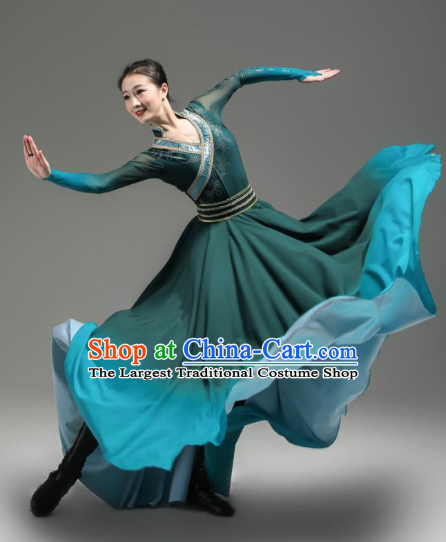 Chinese Woman Dance Garments Mongolian Minority Atrovirens Dress Outfits Mongol Nationality Dance Clothing Ethnic Performance Costume
