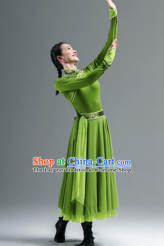 Chinese Ethnic Woman Performance Garments Mongolian Minority Green Dress Outfits Mongol Nationality Clothing Folk Dance Costume