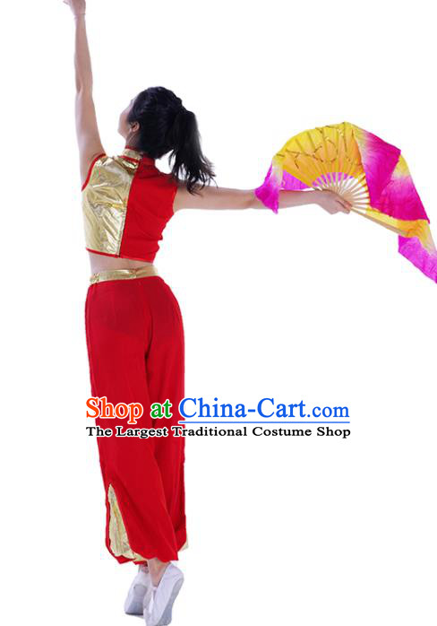 Chinese Women Group Performance Garments Folk Dance Red Outfits Fan Dance Costumes Jiaozhou Yangko Dance Clothing