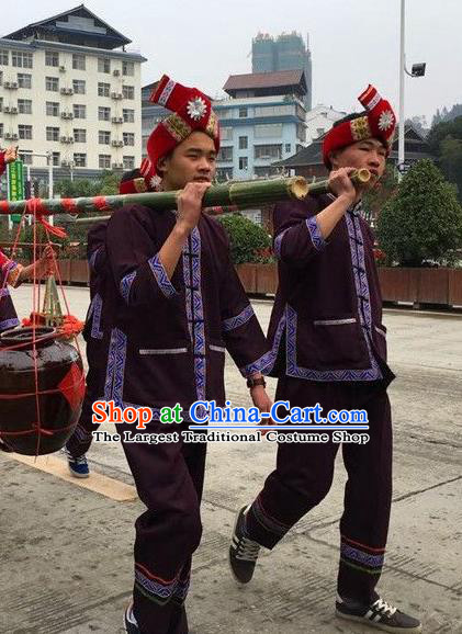 China Tujia Minority Dance Costumes Yi Nationality Male Dance Clothing Xiangxi Ethnic Stage Performance Wine Red Suits