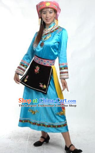 Chinese Festival Dance Garments Sichuan Minority Folk Dance Blue Dress Ethnic Woman Outfits Qiang Nationality Clothing