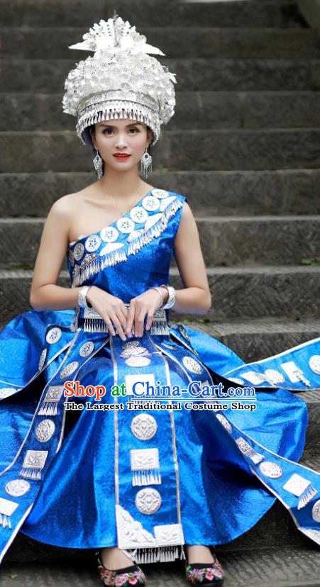 Chinese Zhuang Nationality Woman Clothing Miao Minority Folk Dance Blue Dress Guangxi Ethnic Festival Performance Outfits