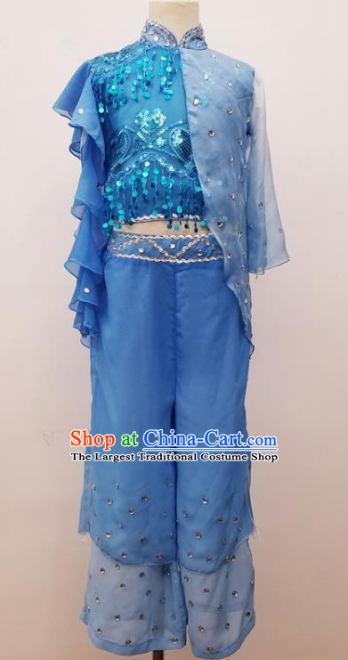 China Children Stage Performance Blue Suits Fan Dance Outfits Yangko Dance Costumes Kids Folk Dance Clothing