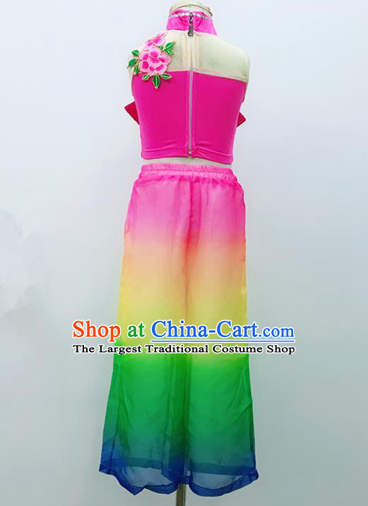 China Kids Folk Dance Clothing Children Stage Performance Rosy Suits Fan Dance Outfits Yangko Dance Costumes