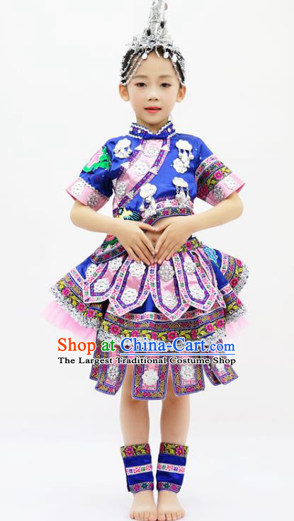 China Miao Minority Kids Dance Blue Dress Uniforms Yi Nationality Girl Apparels Ethnic Children Performance Costumes