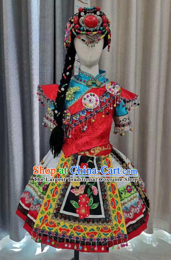 China Pumi Minority Kids Dance Dress Uniforms Lisu Nationality Girl Performance Apparels Ethnic Children Folk Dance Costumes