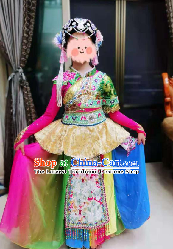 China Li Nationality Girl Performance Apparels Ethnic Children Folk Dance Costumes Pumi Minority Kids Dress Uniforms