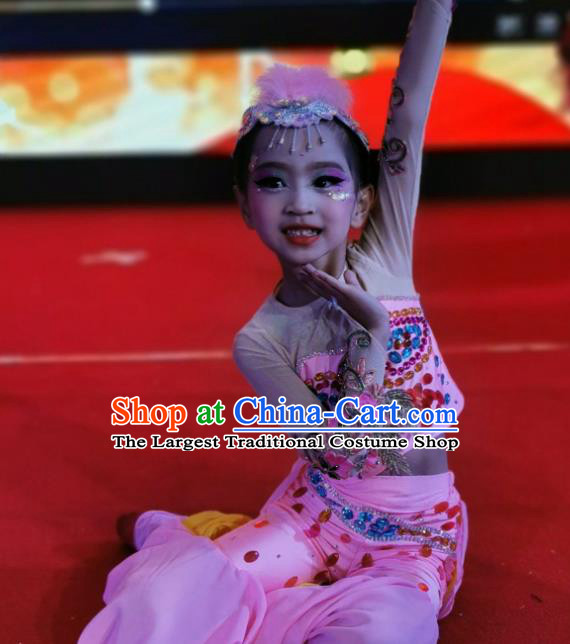 China Children Stage Performance Pink Suits Fish Dance Costumes Kids Folk Dance Clothing