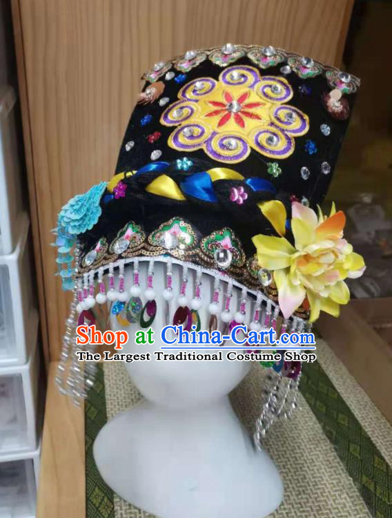 Chinese Qiang Minority Girl Headdress Yunnan Ethnic Folk Dance Tassel Hat Pumi Nationality Children Headwear