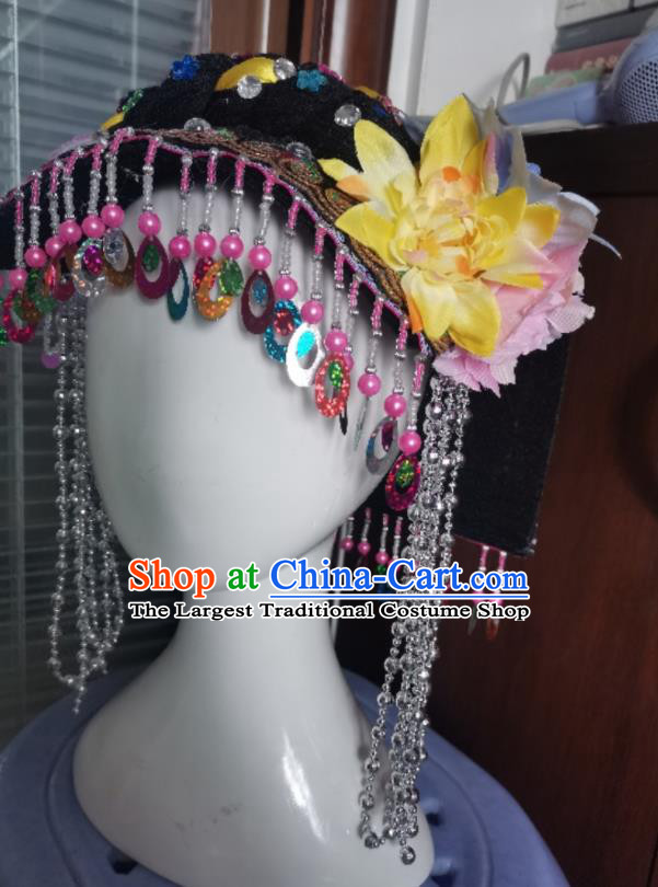 Chinese Qiang Minority Girl Headdress Yunnan Ethnic Folk Dance Tassel Hat Pumi Nationality Children Headwear