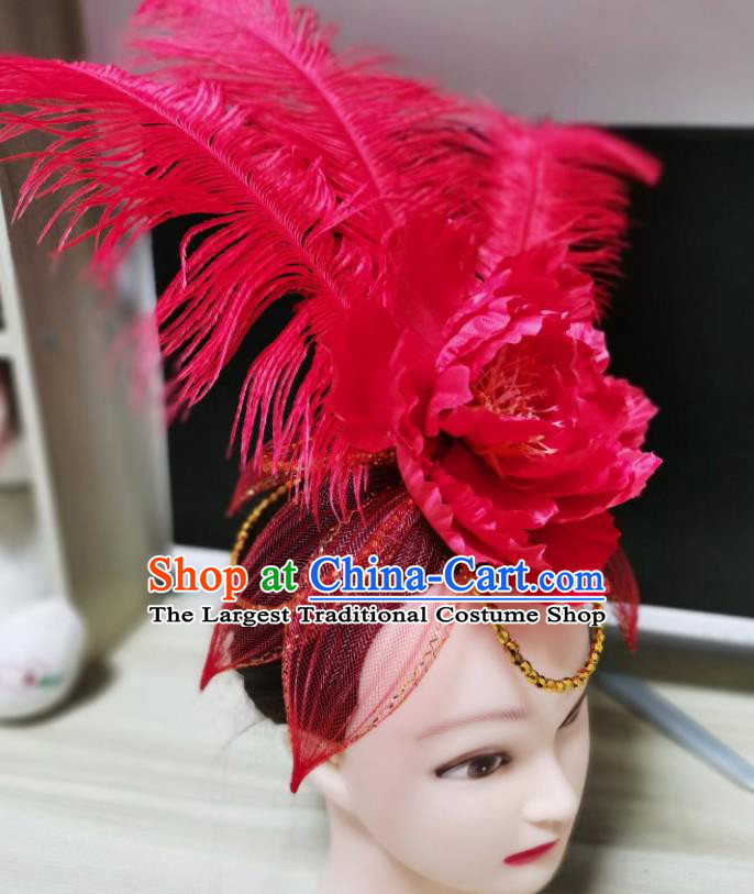 Chinese Stage Performance Headdress Modern Dance Headpiece Opening Dance Red Peony Hair Crown Woman Group Dance Hair Accessories