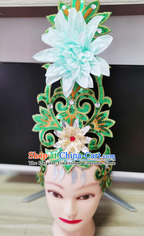 Chinese Modern Dance Headpiece Opening Dance Green Peony Hair Crown Woman Group Dance Hair Accessories Stage Performance Headdress
