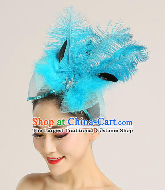 Professional Folk Dance Headdress Yangko Dance Headpiece Modern Dance Hair Accessories Fan Dance Blue Feather Hair Stick
