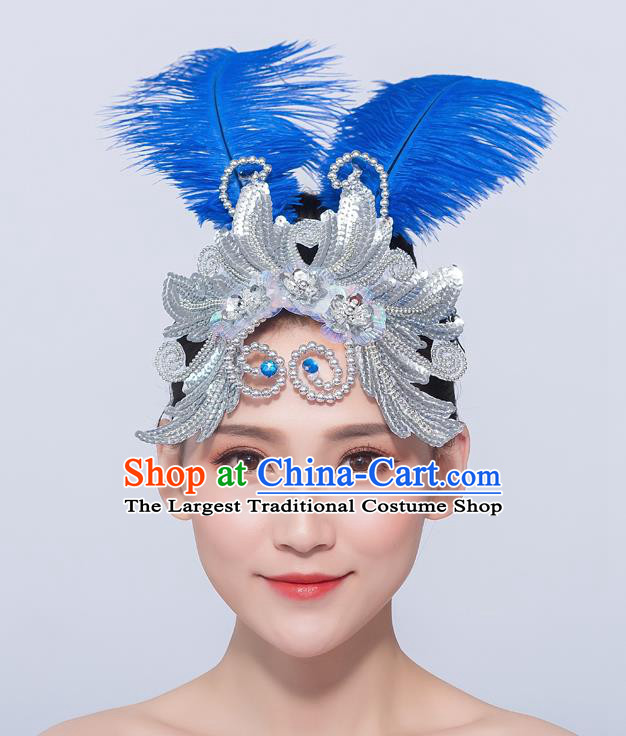 Professional Fan Dance Blue Feather Hair Stick Opening Dance Headdress Yangko Dance Headpiece Folk Dance Hair Accessories