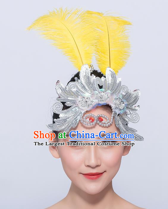 Professional Yangko Dance Headpiece Folk Dance Hair Accessories Fan Dance Yellow Feather Hair Stick Opening Dance Headdress