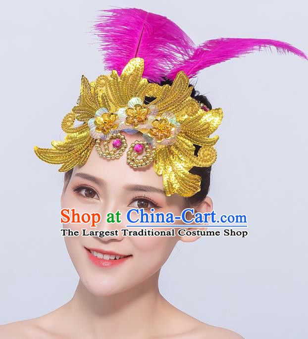 Professional Folk Dance Hair Accessories Fan Dance Rosy Feather Hair Stick Opening Dance Headdress Yangko Dance Headpiece