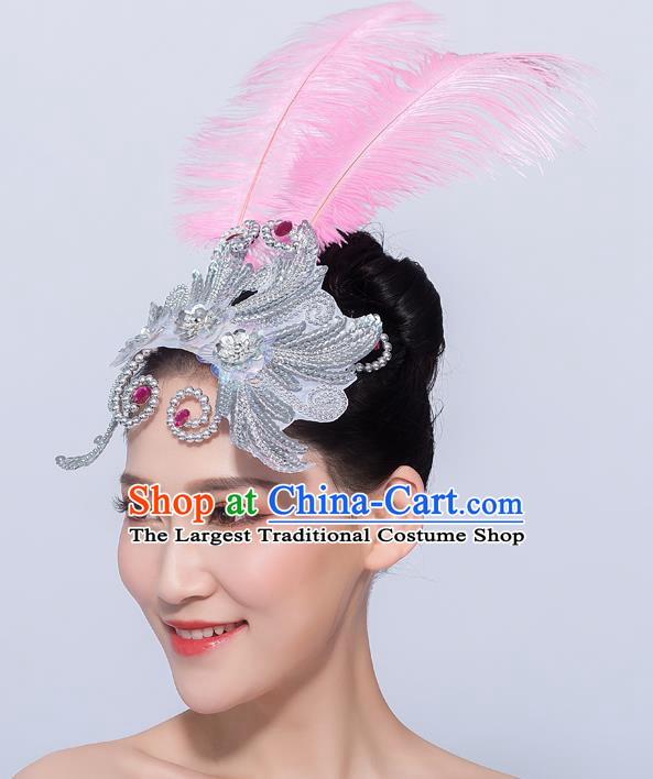 Professional Opening Dance Headdress Yangko Dance Headpiece Folk Dance Hair Accessories Fan Dance Pink Feather Hair Stick