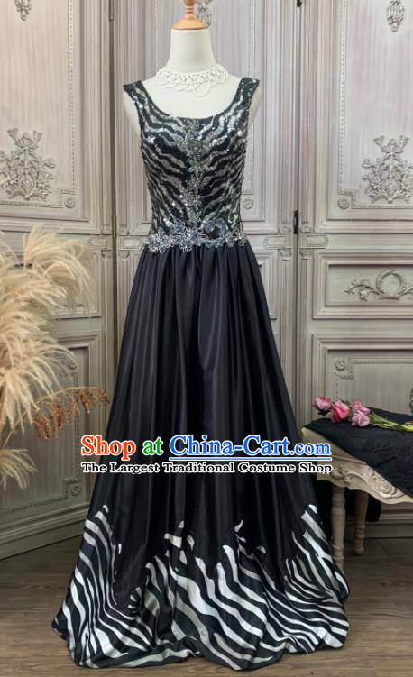 Vintage Annual Meeting Formal Attire Black Sequins Full Dress Ballroom Dance Clothing European Party Garment Costume