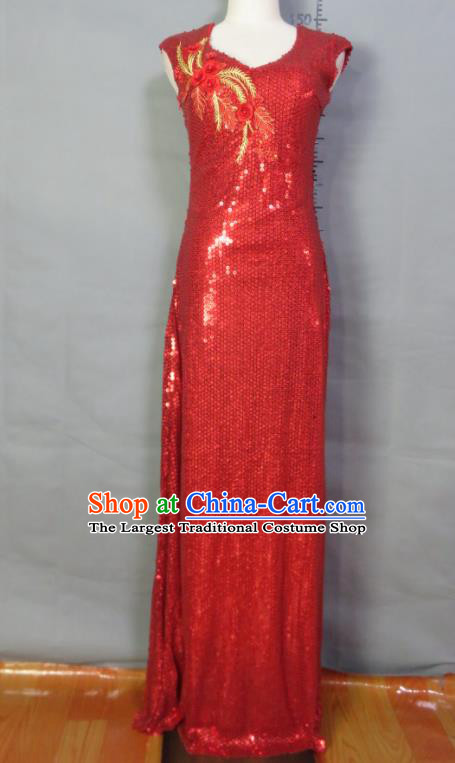 Top Compere Formal Attire Women Chorus Performance Garment Costume Annual Meeting Catwalks Clothing Bridesmaid Red Sequins Full Dress