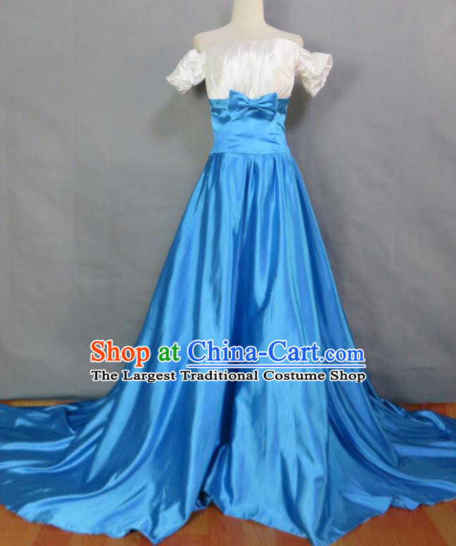 Top Bridesmaid Blue Satin Full Dress Compere Formal Attire Women Chorus Performance Garment Costume Annual Meeting Catwalks Clothing