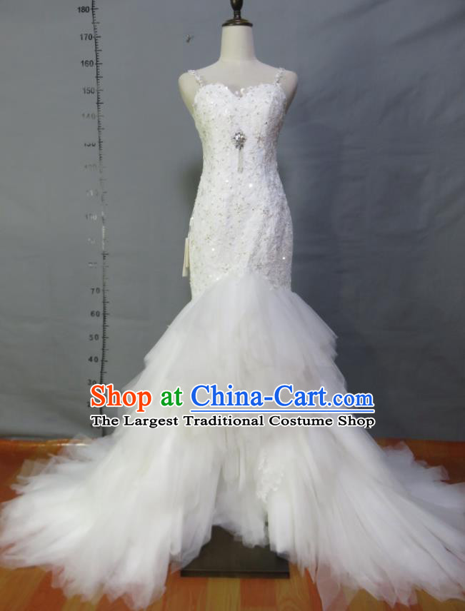 Custom Photography Clothing Modern Dance Fashion Costume Bride White Veil Fishtail Full Dress Embroidery Sequins Wedding Dress