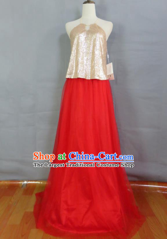 Top Christmas Performance Fashion Bridesmaid Red Full Dress Compere Formal Attire Women Catwalks Garment Costume Annual Meeting Clothing