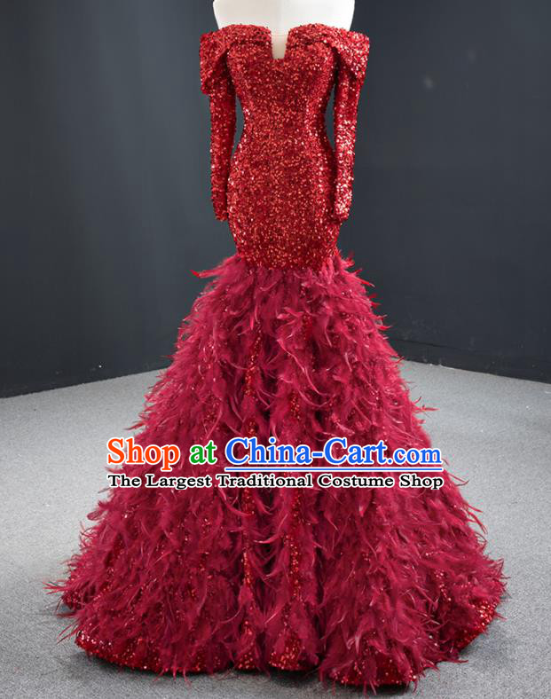 Custom Compere Luxury Wine Red Feather Full Dress Catwalks Princess Costume Bride Clothing Vintage Fishtail Wedding Dress Marriage Formal Garment