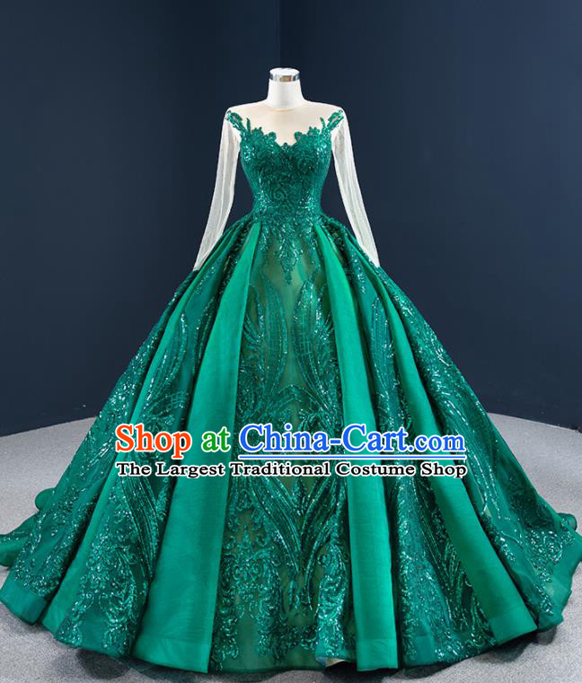 Custom Luxury Formal Garment Compere Full Dress Catwalks Princess Costume Marriage Bride Clothing Vintage Embroidery Green Wedding Dress