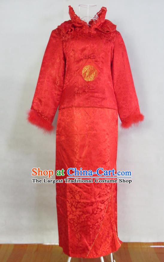 China Classical Red Brocade Cheongsam Traditional Embroidery Xiuhe Suits Ancient Toasting Clothing Bride Dress Wedding Garment Costumes