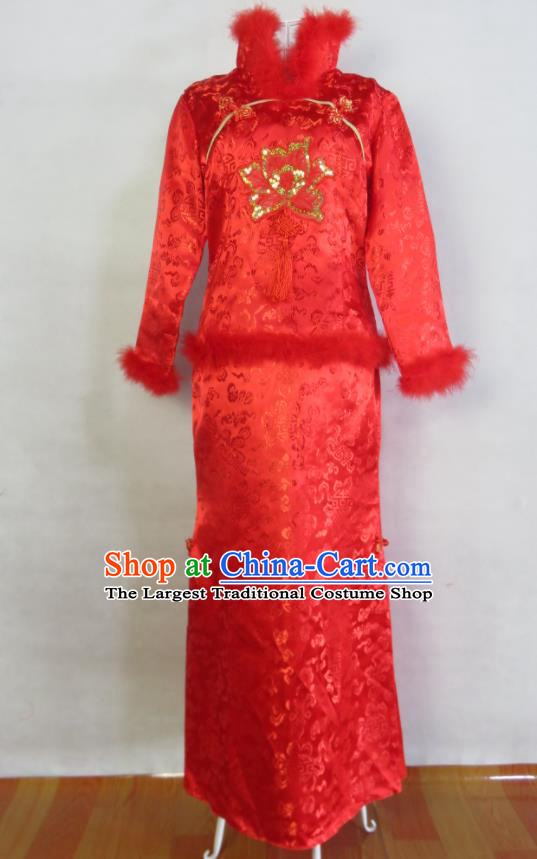 China Bride Red Satin Dress Traditional Winter Wedding Garment Costumes Tang Suit Cheongsam Classical Xiuhe Suits Ancient Toasting Clothing