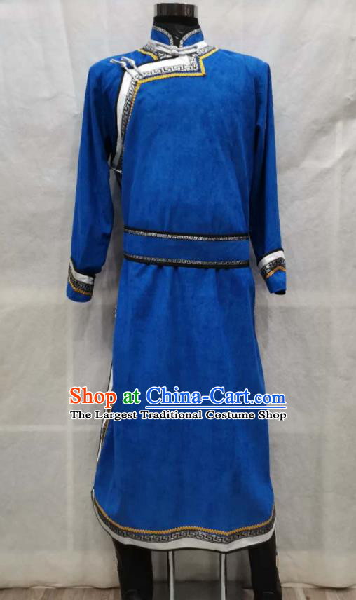 Chinese Mongol Nationality Folk Dance Clothing Blue Suede Fabric Mongolian Robe Ethnic Nadam Festival Costume