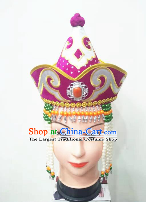 Chinese Mongolian Minority Dance Tassel Headdress Ethnic Girl Folk Dance Headdress Mongol Nationality Stage Performance Purple Hat